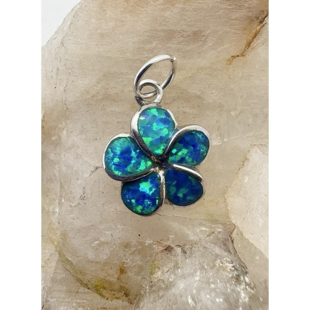 Vintage Sterling Silver Blue Faux Opal Flower Pendant‎ 925 Small Floral Plumeria